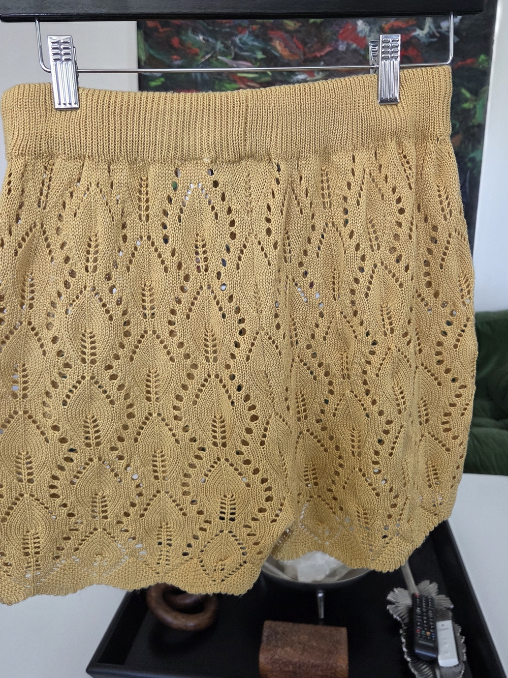Almost Famous Knit Lace Pattern Boho Bohemian Shorts, Yellow Goldenrod - Large - Picture 3 of 5